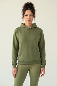 WaoW Recycled Hoodie, RAW Burnt Olive, worn with the matching leggings, front