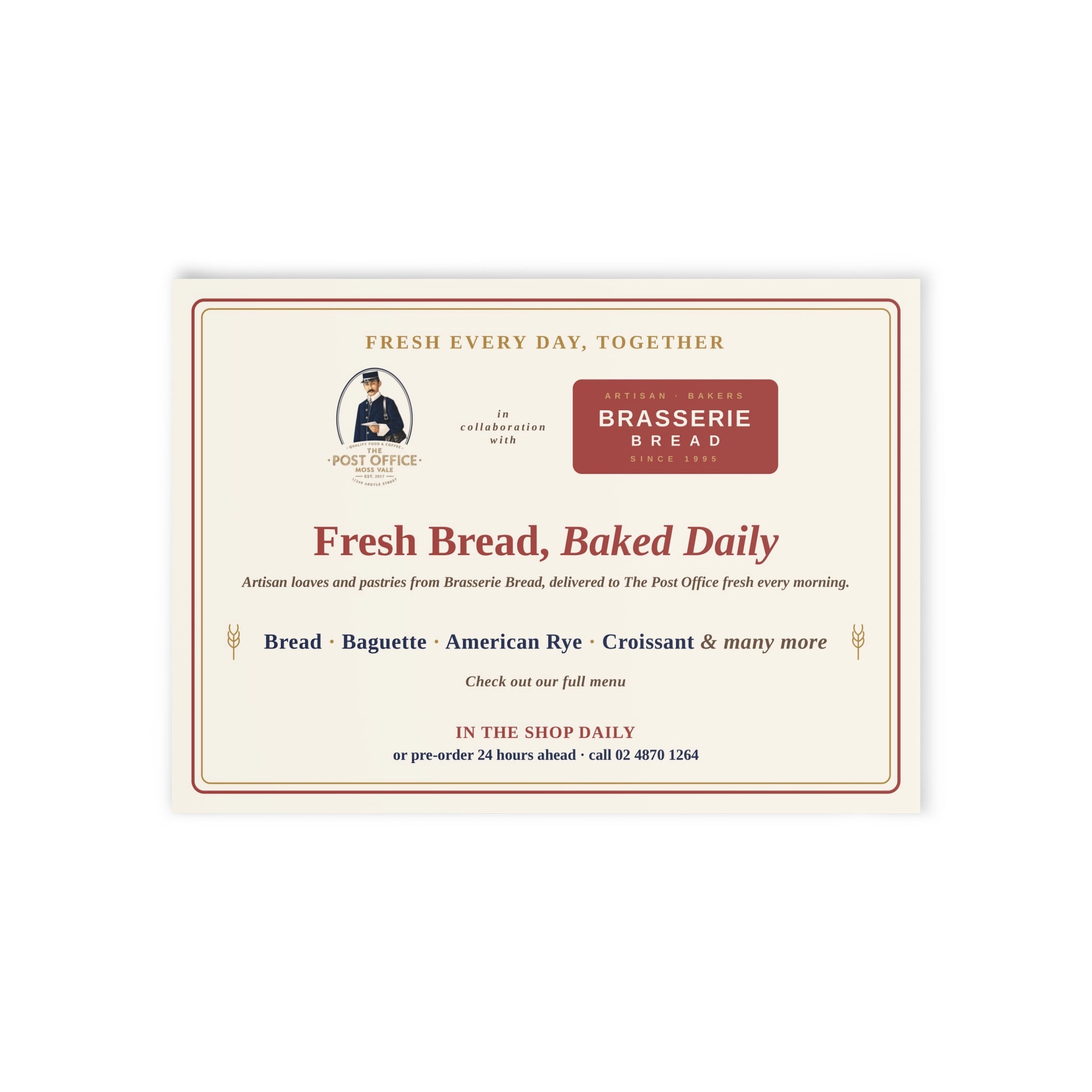 Vintage Bakery Holiday Card — “Fresh Bread, Baked Daily” One-Sided Greeting