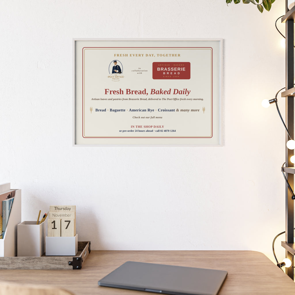 Vintage Bakery Poster with Wooden Frame — "Fresh Bread, Baked Daily" Wall Art