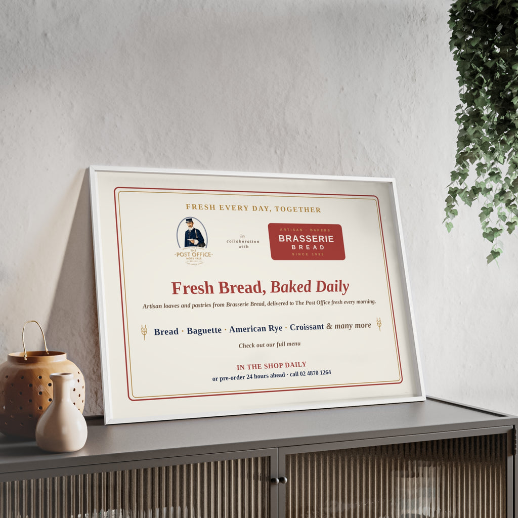 Vintage Bakery Poster with Wooden Frame — "Fresh Bread, Baked Daily" Wall Art