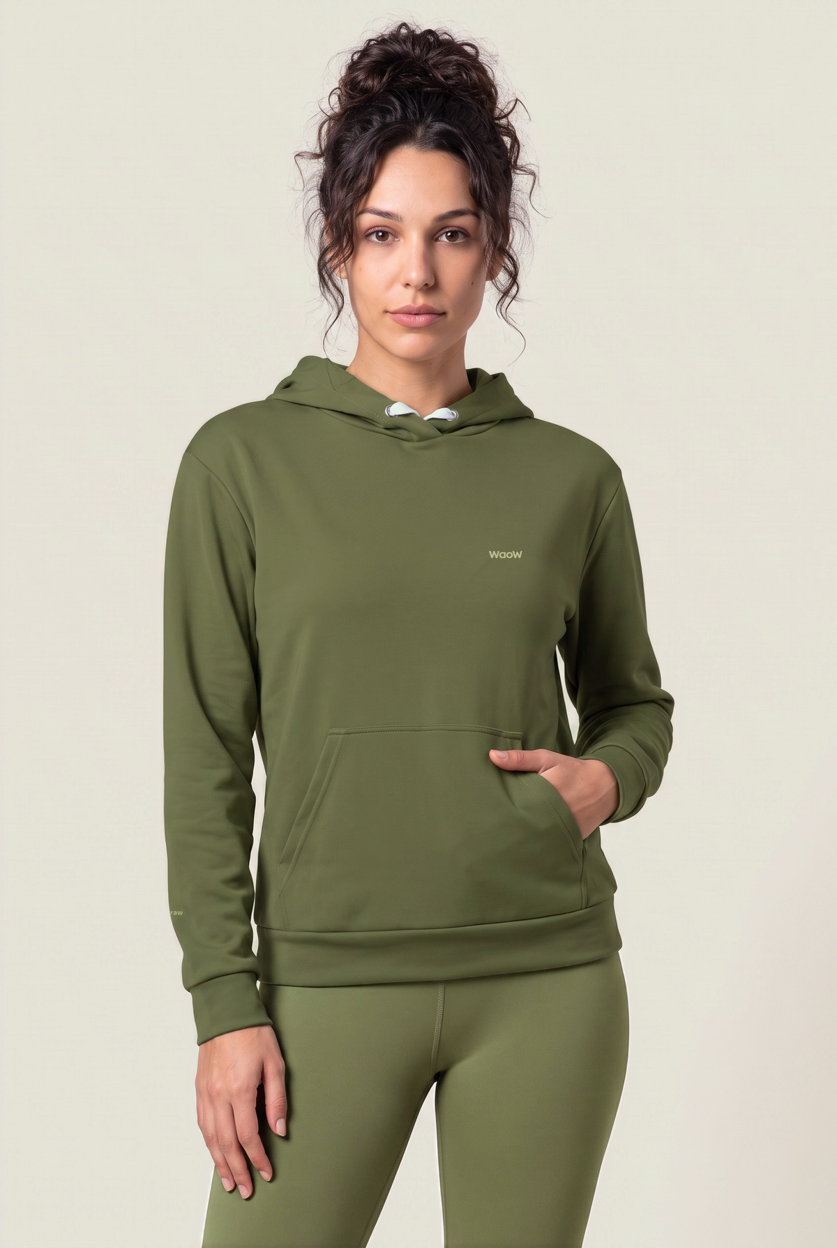 WaoW Recycled Hoodie, RAW Burnt Olive, front, hands in pocket