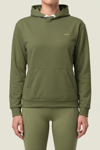 WaoW Recycled Hoodie, RAW Burnt Olive, chest mark detail