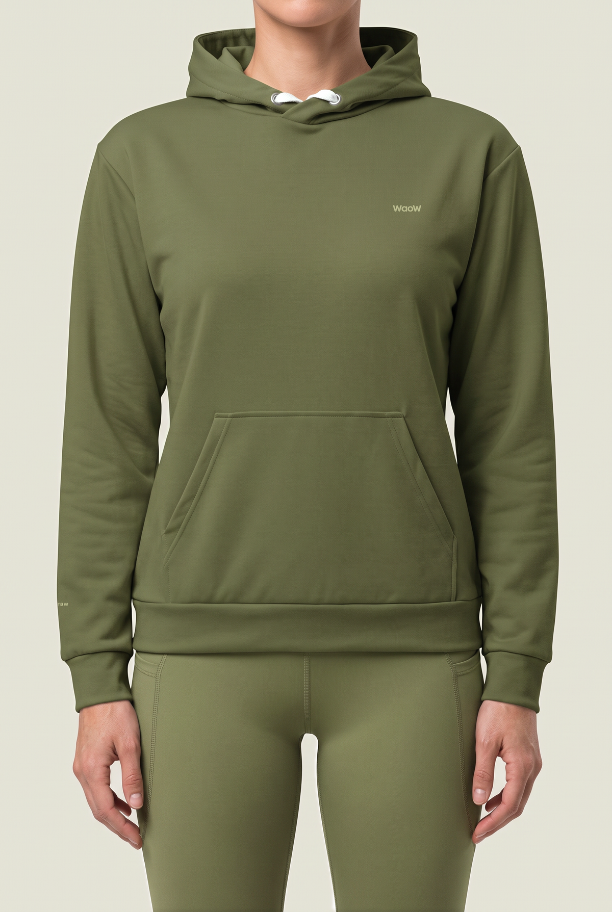 WaoW Recycled Hoodie, RAW Burnt Olive, chest mark detail